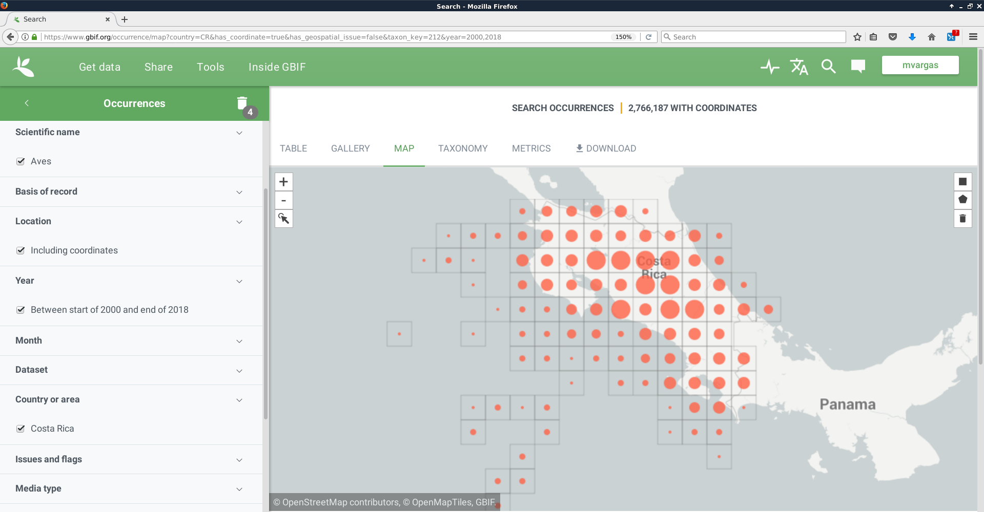 Interfaz del sitio web de GBIF